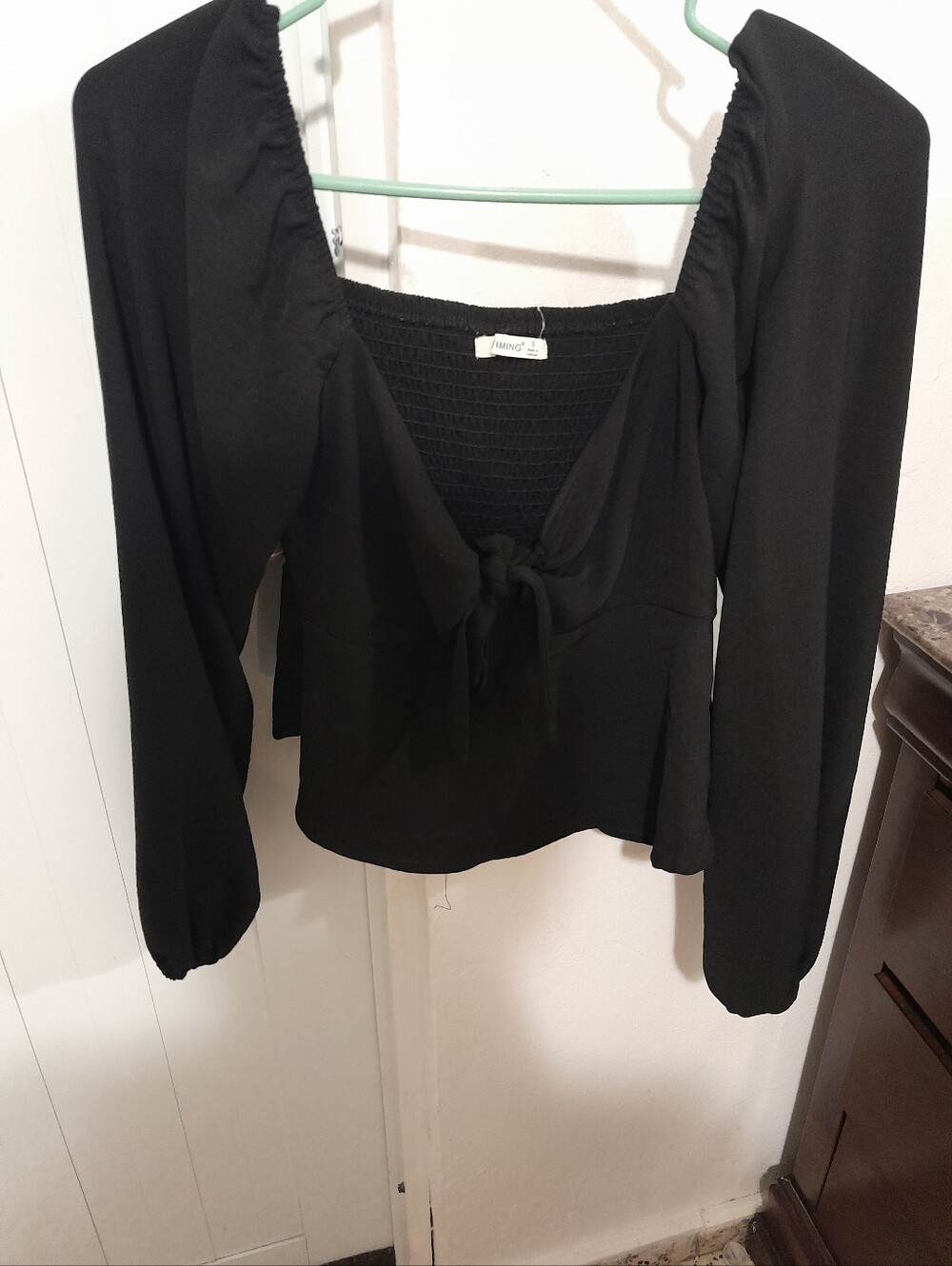 Timing Black Tie-Front Long Sleeve Square Neck Top
